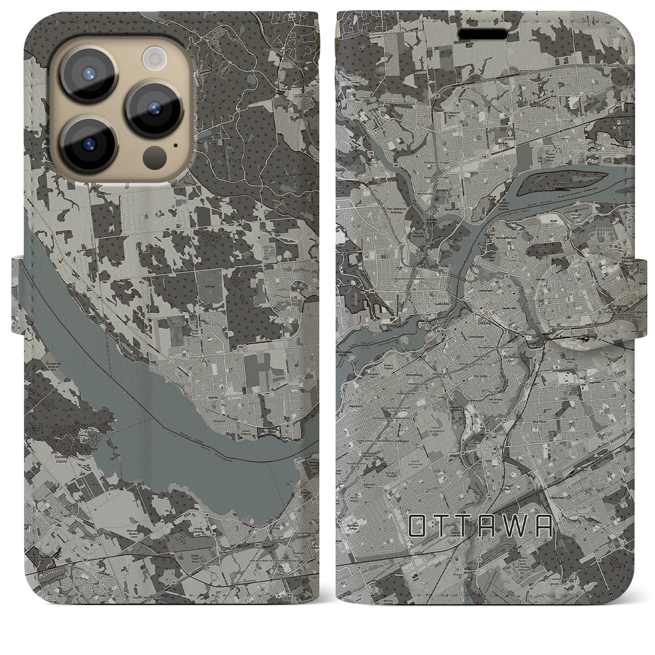 【オタワ(カナダ)】地図柄iPhoneケース(手帳タイプ)モノトーン・iPhone 14 Pro Max 用