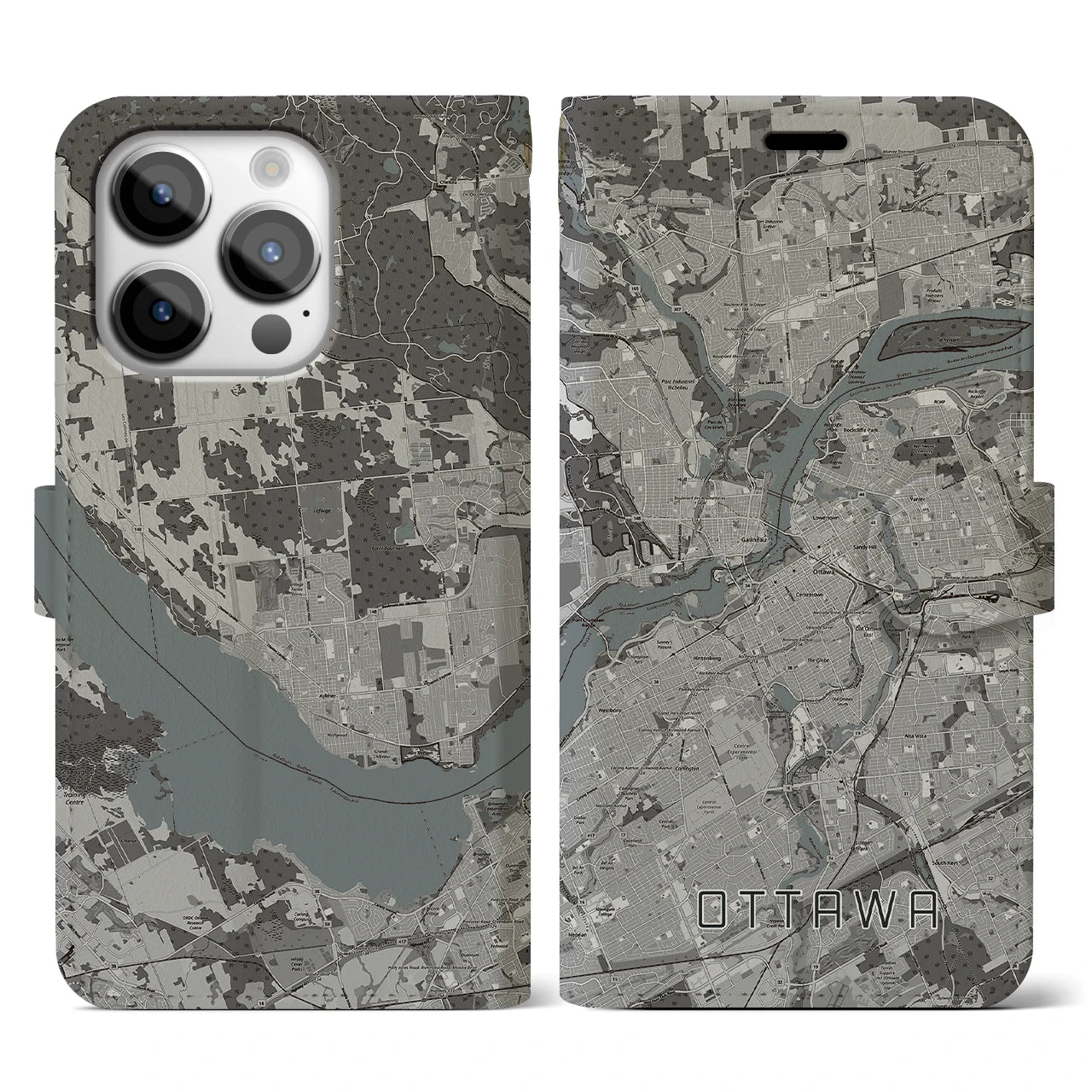 【オタワ(カナダ)】地図柄iPhoneケース(手帳タイプ)モノトーン・iPhone 14 Pro 用