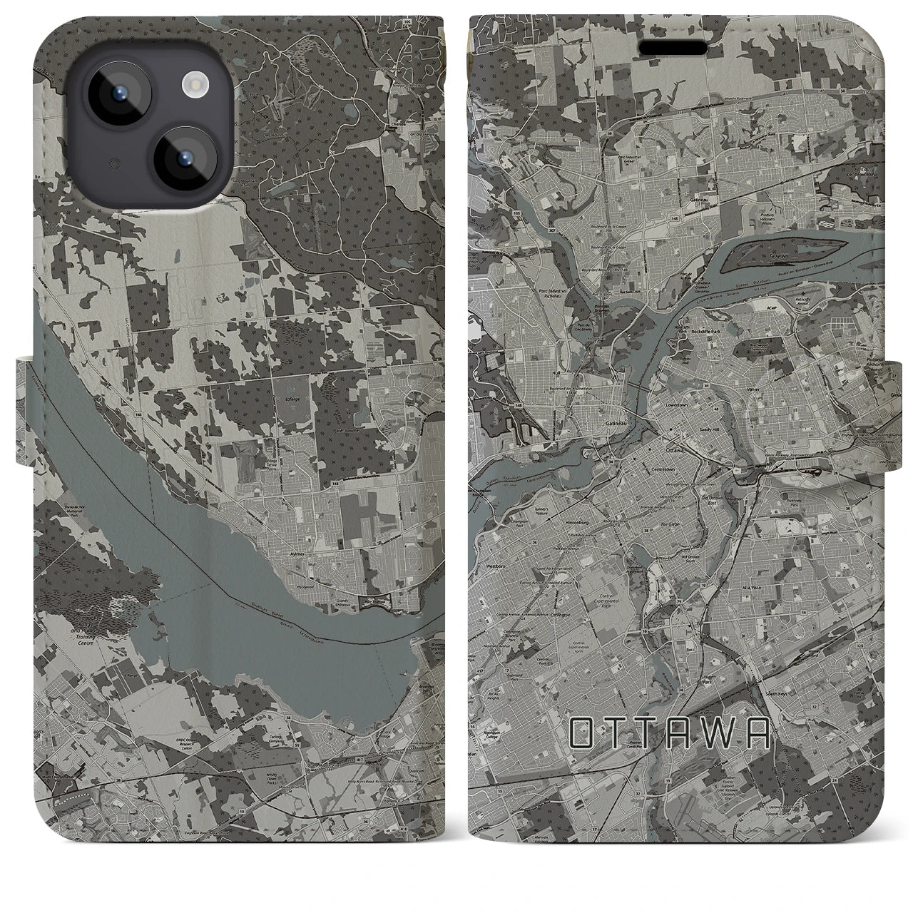 【オタワ(カナダ)】地図柄iPhoneケース(手帳タイプ)モノトーン・iPhone 14 Plus 用