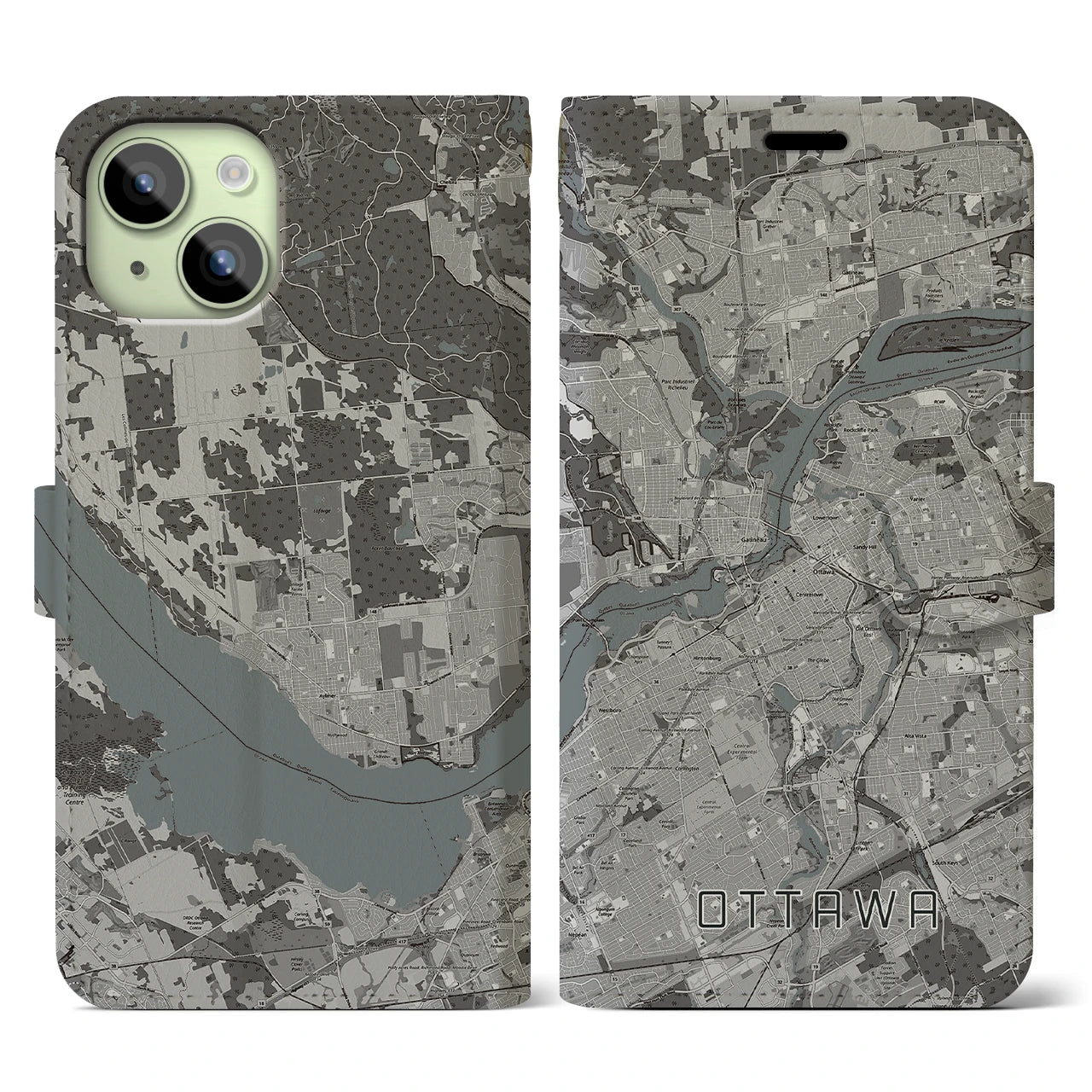 【オタワ(カナダ)】地図柄iPhoneケース(手帳タイプ)モノトーン・iPhone 15 用