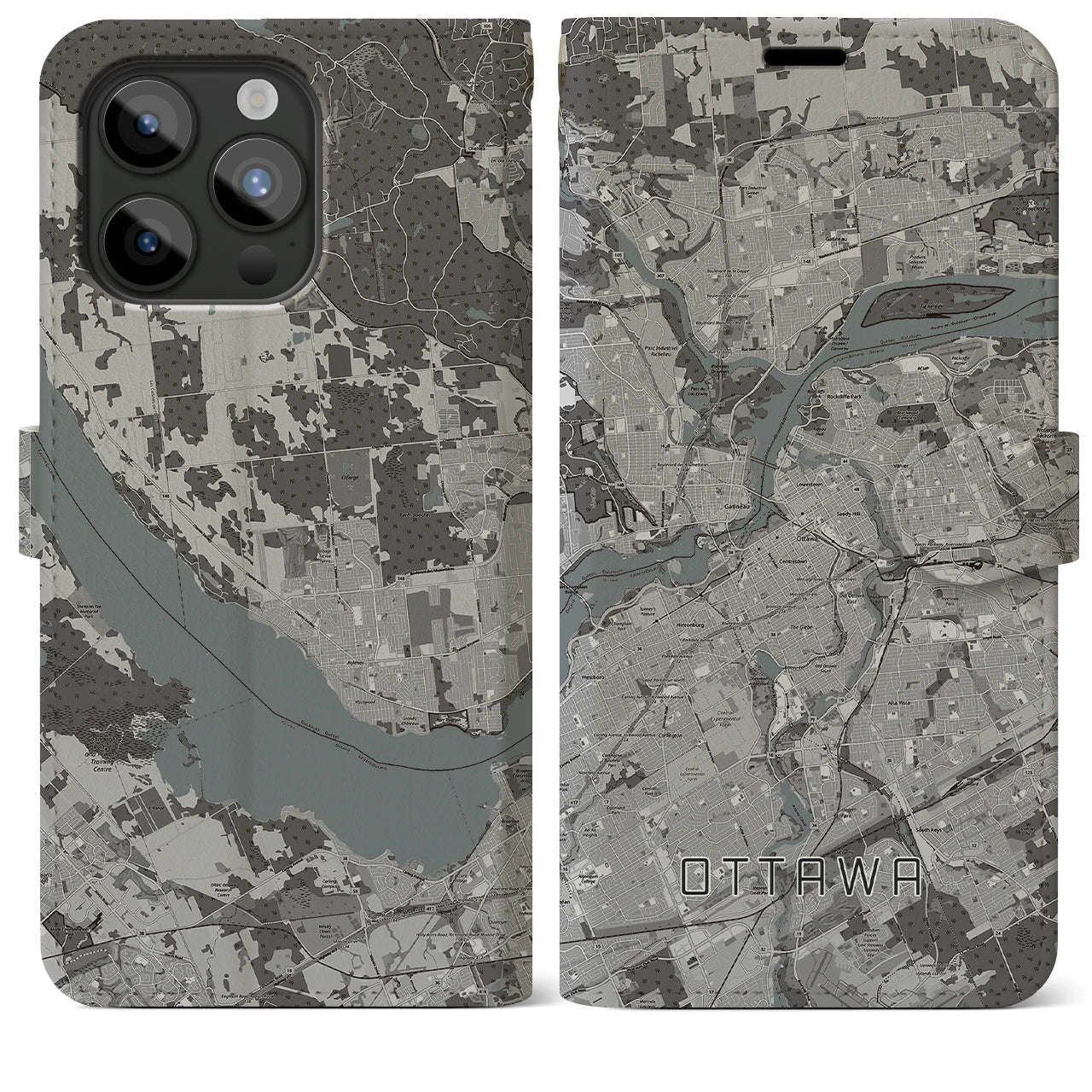 【オタワ(カナダ)】地図柄iPhoneケース(手帳タイプ)モノトーン・iPhone 15 Pro Max 用