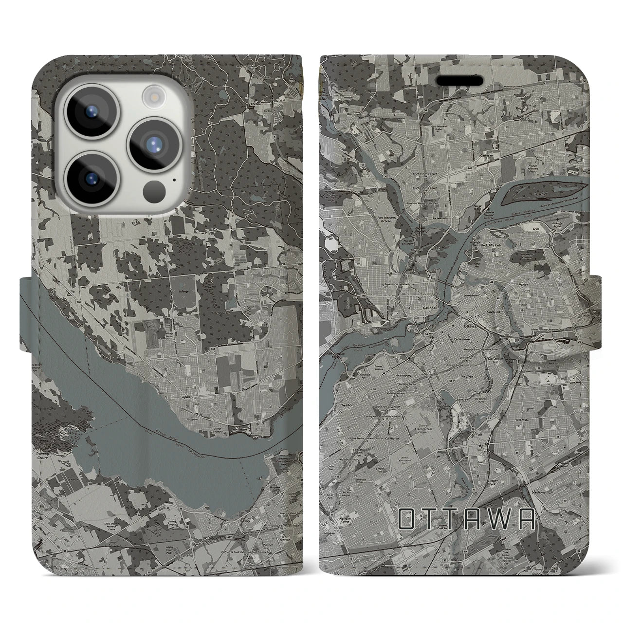 【オタワ(カナダ)】地図柄iPhoneケース(手帳タイプ)モノトーン・iPhone 15 Pro 用