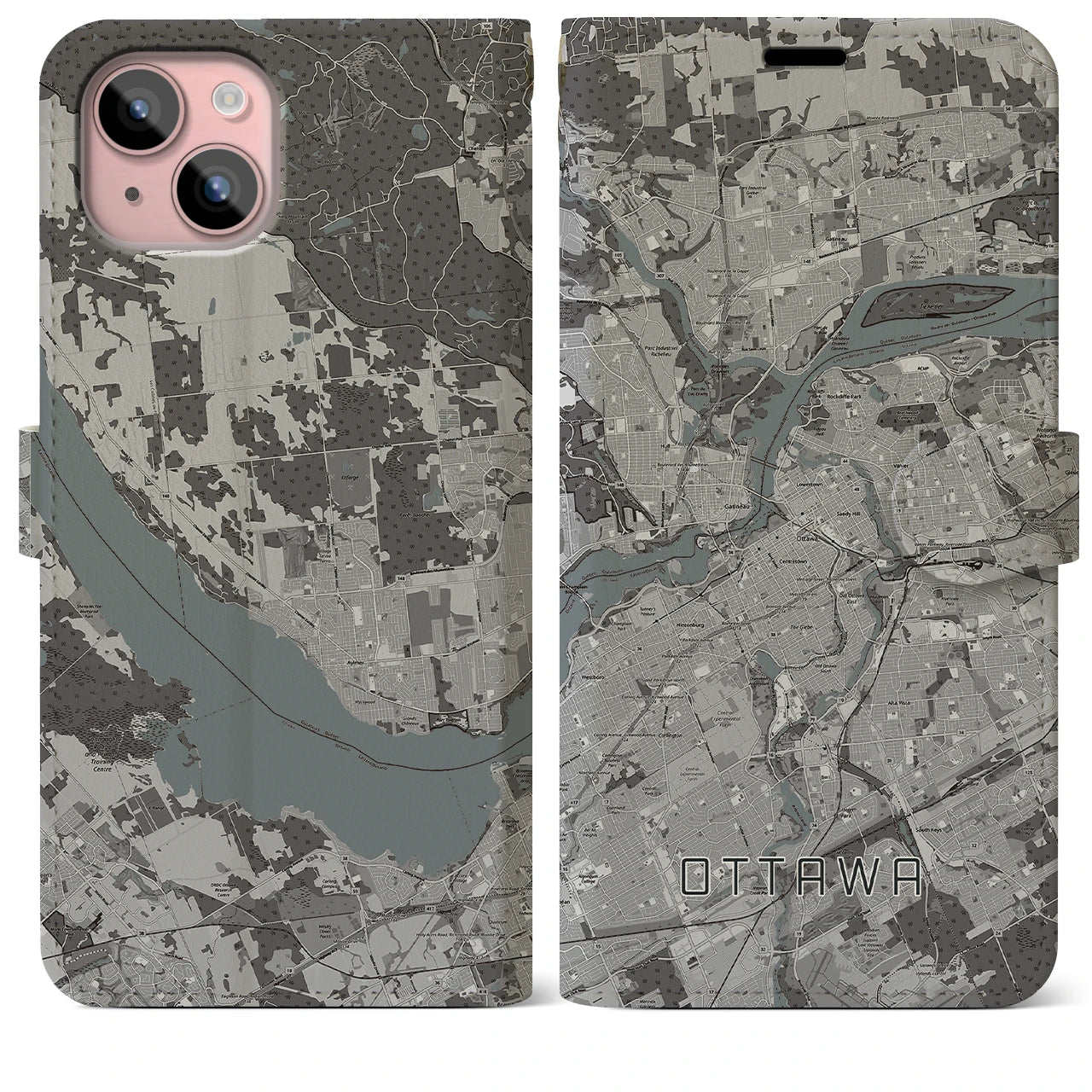 【オタワ(カナダ)】地図柄iPhoneケース(手帳タイプ)モノトーン・iPhone 15 Plus 用