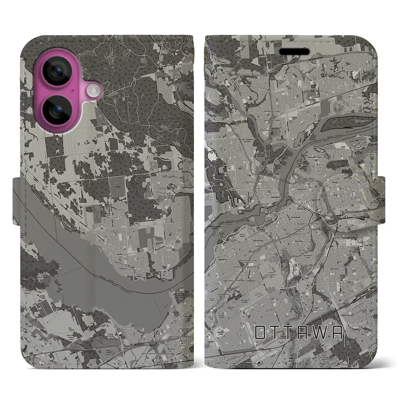 【オタワ(カナダ)】地図柄iPhoneケース(手帳タイプ)モノトーン・iPhone 16 Pro 用