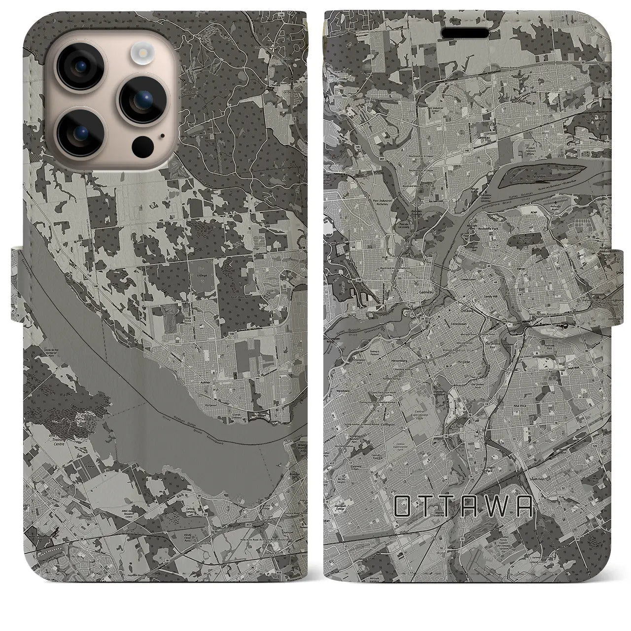 【オタワ(カナダ)】地図柄iPhoneケース(手帳タイプ)モノトーン・iPhone 16 Plus 用