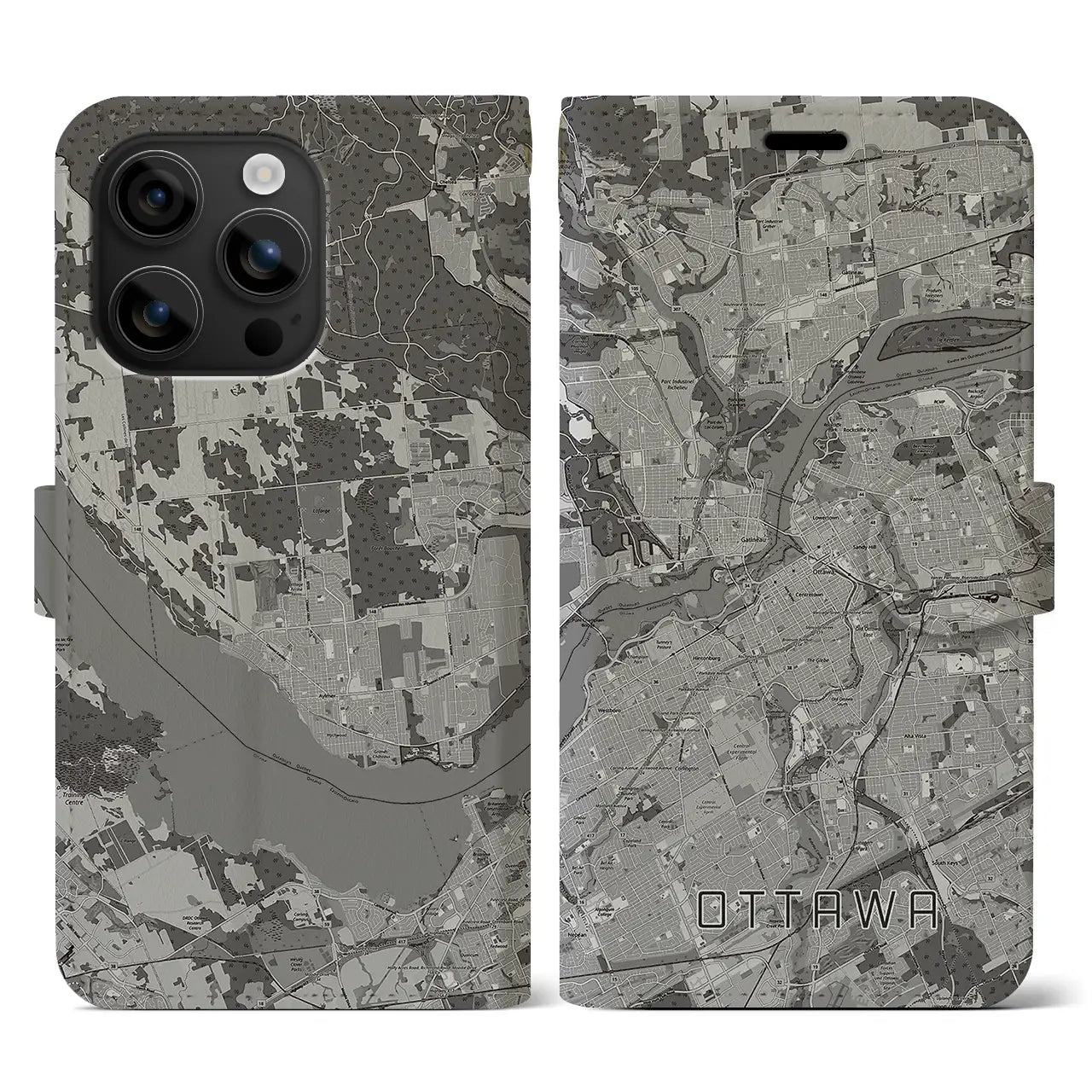 【オタワ(カナダ)】地図柄iPhoneケース(手帳タイプ)モノトーン・iPhone 16 用