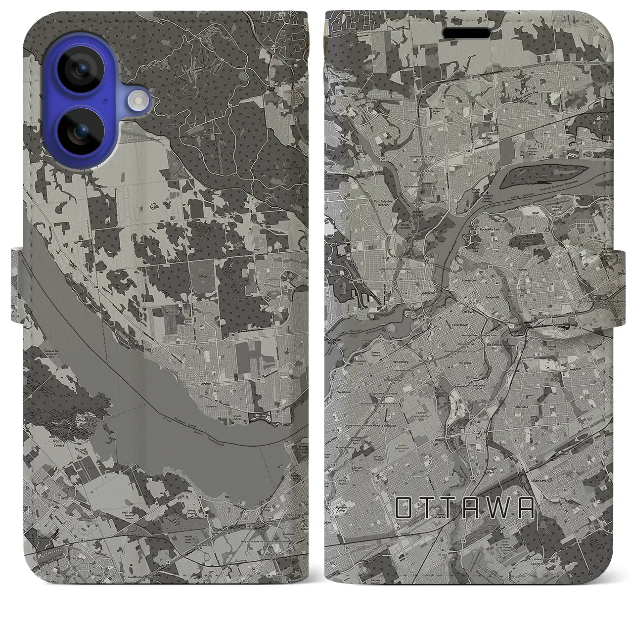【オタワ(カナダ)】地図柄iPhoneケース(手帳タイプ)モノトーン・iPhone 16 Pro Max 用
