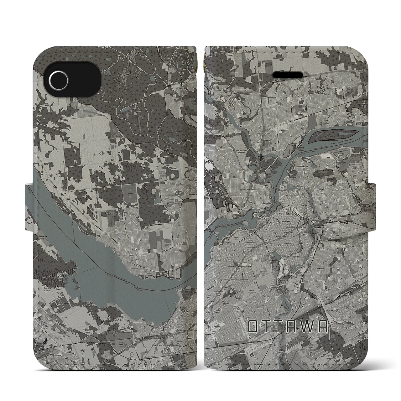 【オタワ(カナダ)】地図柄iPhoneケース(手帳タイプ)モノトーン・iPhone SE(第3 / 第2世代) / 8 / 7 / 6s / 6 用