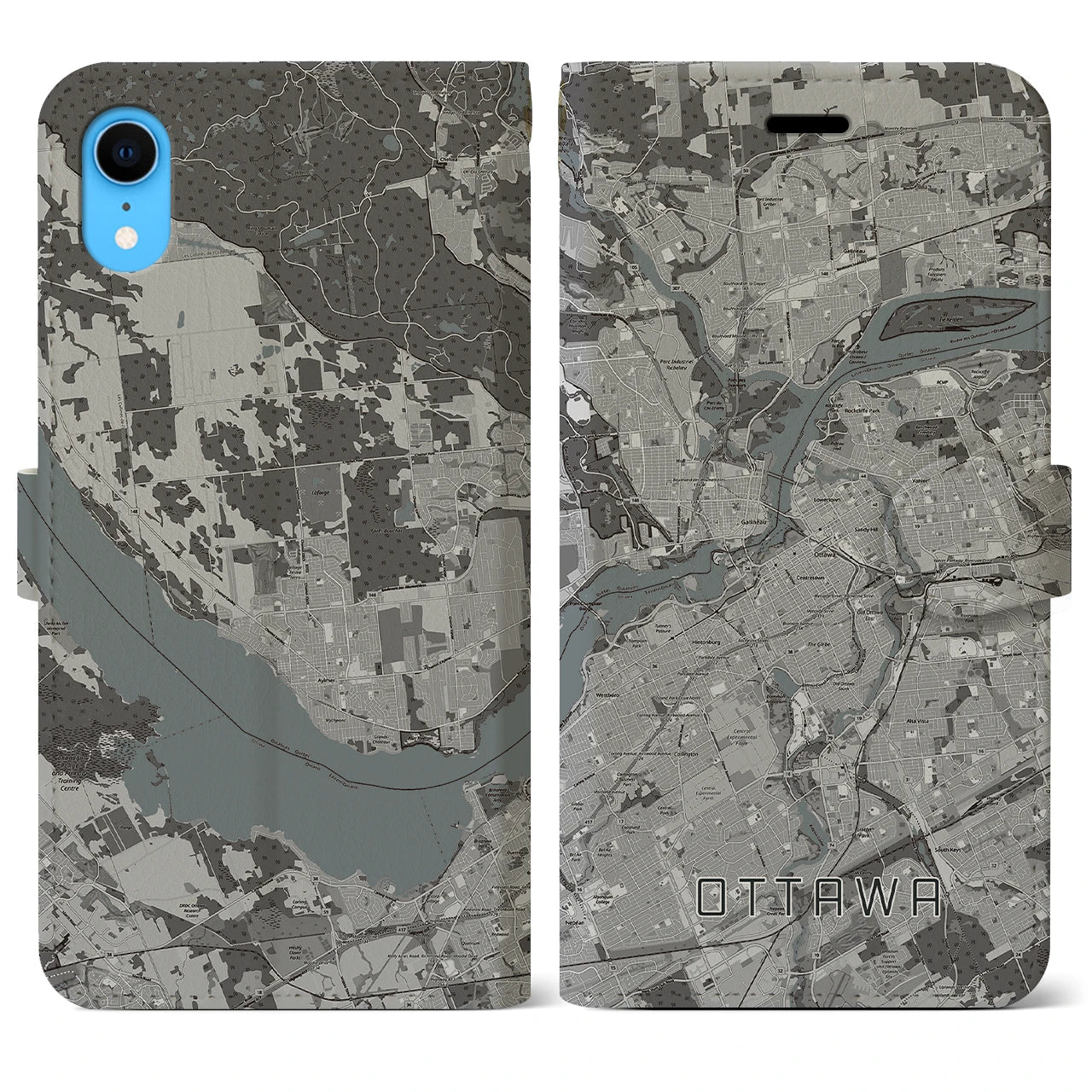 【オタワ(カナダ)】地図柄iPhoneケース(手帳タイプ)モノトーン・iPhone XR 用