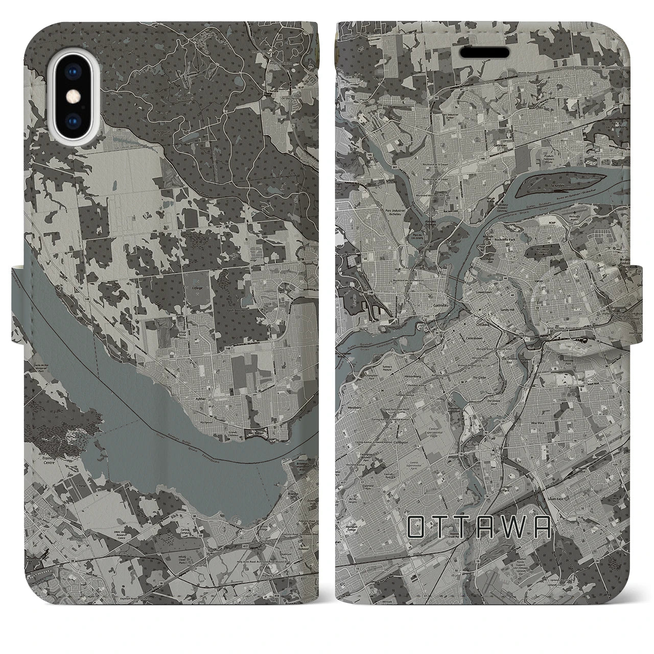 【オタワ(カナダ)】地図柄iPhoneケース(手帳タイプ)モノトーン・iPhone XS Max 用