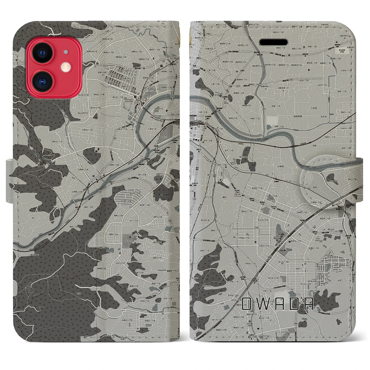 【大輪田(奈良県)】地図柄iPhoneケース(手帳タイプ)モノトーン・iPhone 11 用