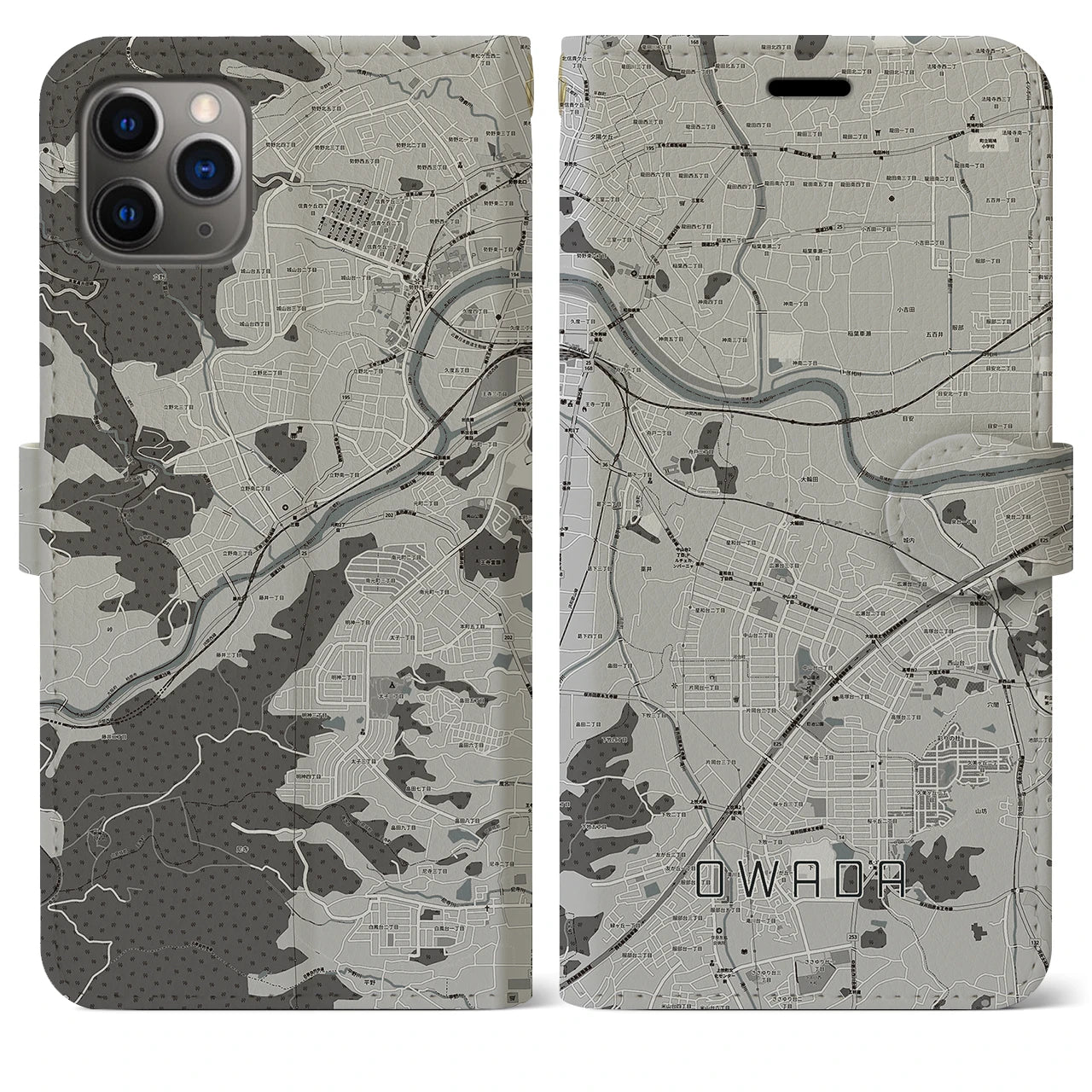 【大輪田(奈良県)】地図柄iPhoneケース(手帳タイプ)モノトーン・iPhone 11 Pro Max 用
