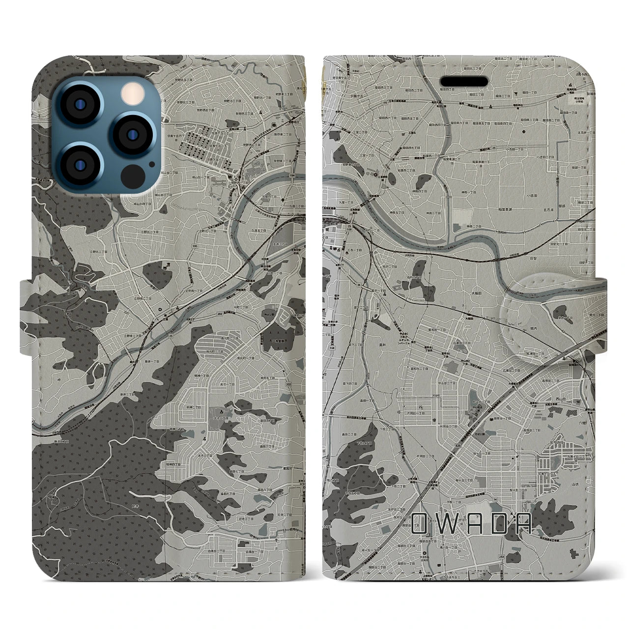 【大輪田(奈良県)】地図柄iPhoneケース(手帳タイプ)モノトーン・iPhone 12 / 12 Pro 用