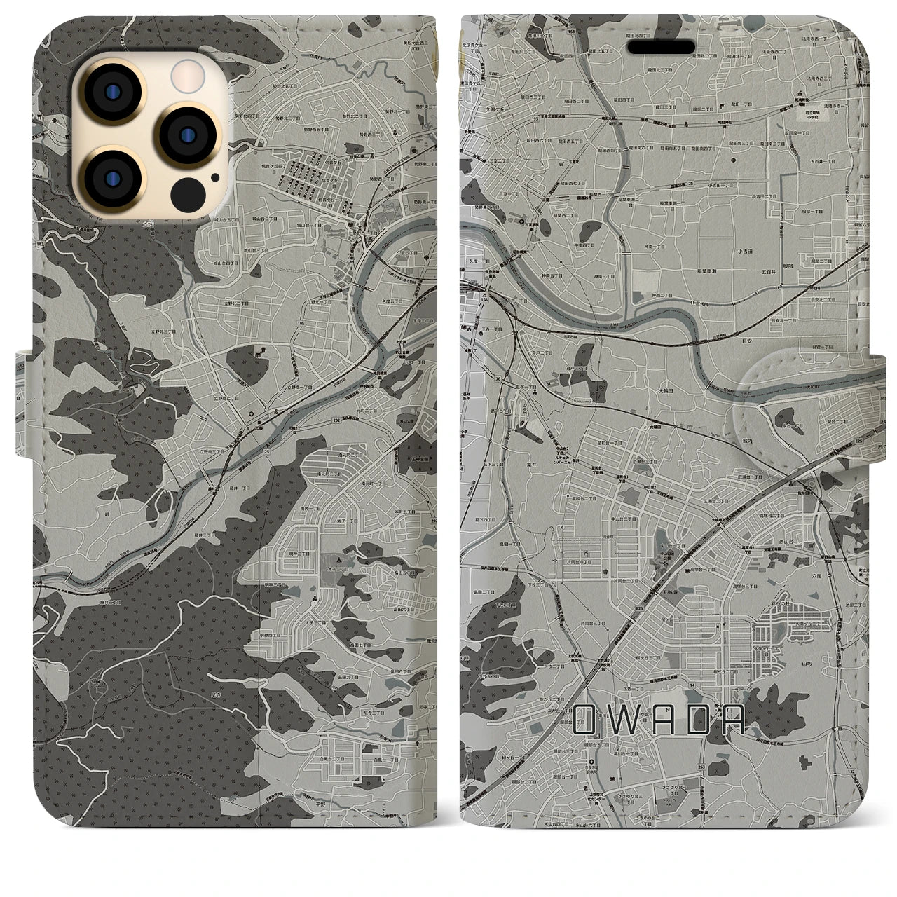 【大輪田(奈良県)】地図柄iPhoneケース(手帳タイプ)モノトーン・iPhone 12 Pro Max 用