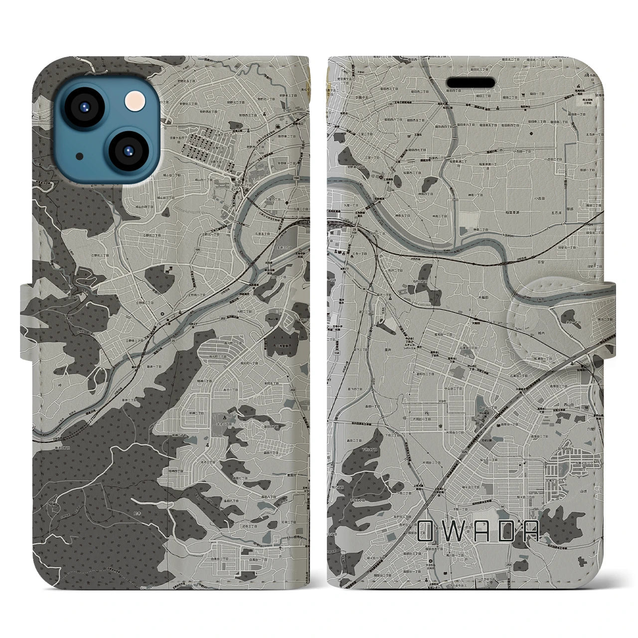【大輪田(奈良県)】地図柄iPhoneケース(手帳タイプ)モノトーン・iPhone 13 用