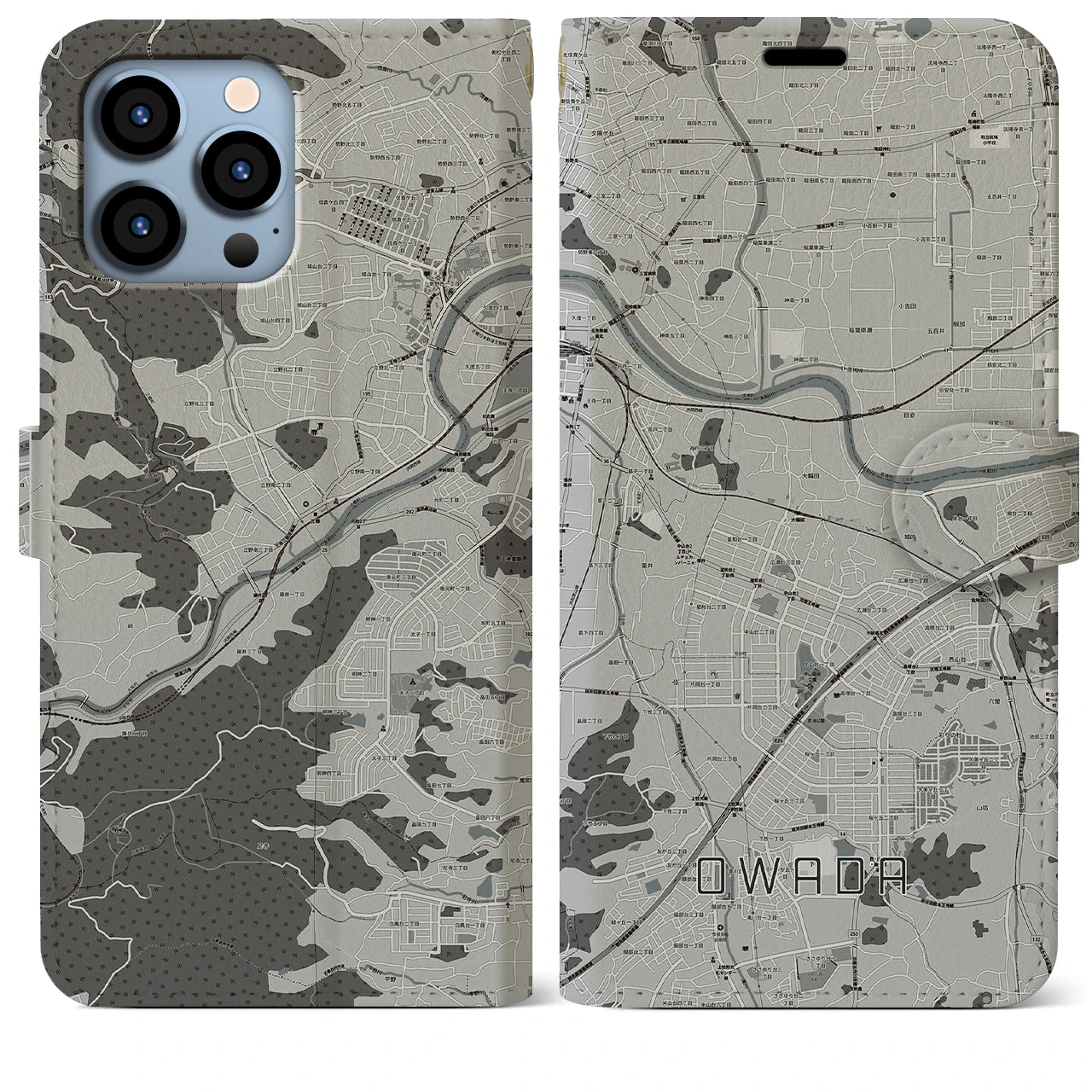 【大輪田(奈良県)】地図柄iPhoneケース(手帳タイプ)モノトーン・iPhone 13 Pro Max 用