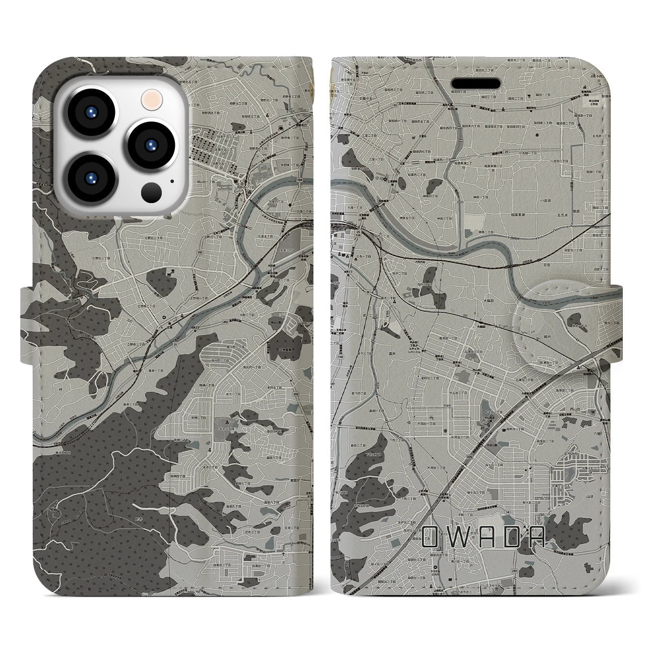 【大輪田(奈良県)】地図柄iPhoneケース(手帳タイプ)モノトーン・iPhone 13 Pro 用