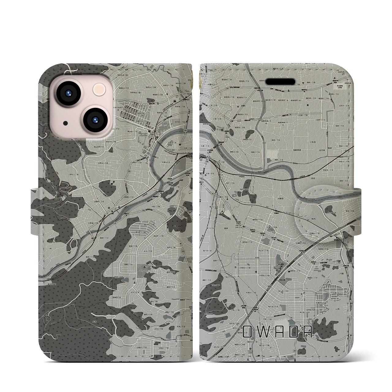 【大輪田(奈良県)】地図柄iPhoneケース(手帳タイプ)モノトーン・iPhone 13 mini 用