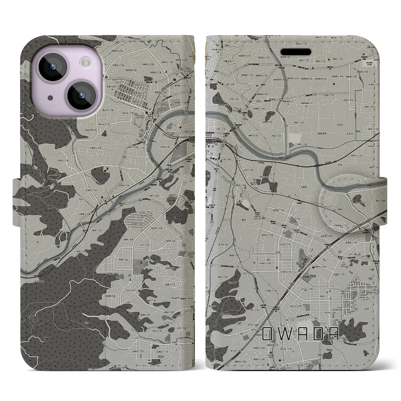 【大輪田(奈良県)】地図柄iPhoneケース(手帳タイプ)モノトーン・iPhone 14 用