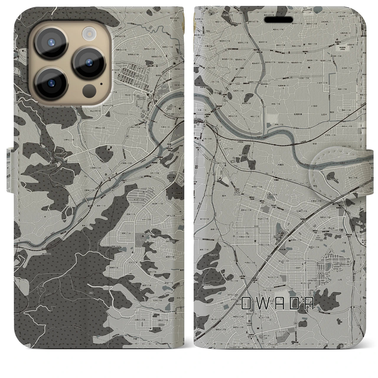 【大輪田(奈良県)】地図柄iPhoneケース(手帳タイプ)モノトーン・iPhone 14 Pro Max 用