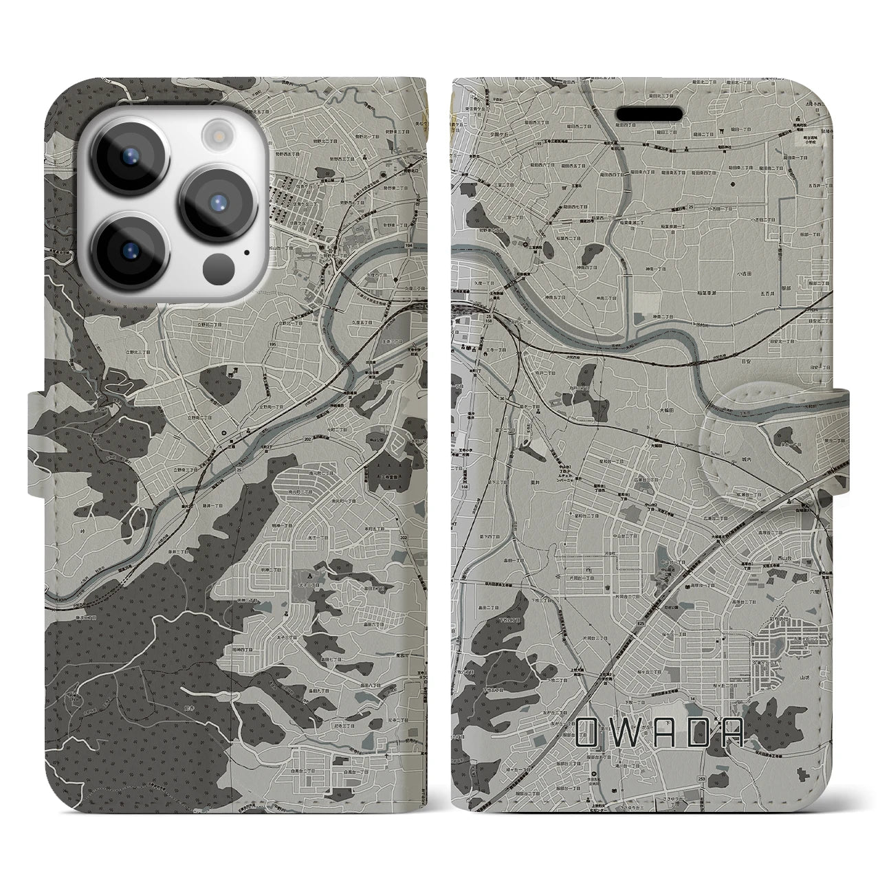 【大輪田(奈良県)】地図柄iPhoneケース(手帳タイプ)モノトーン・iPhone 14 Pro 用