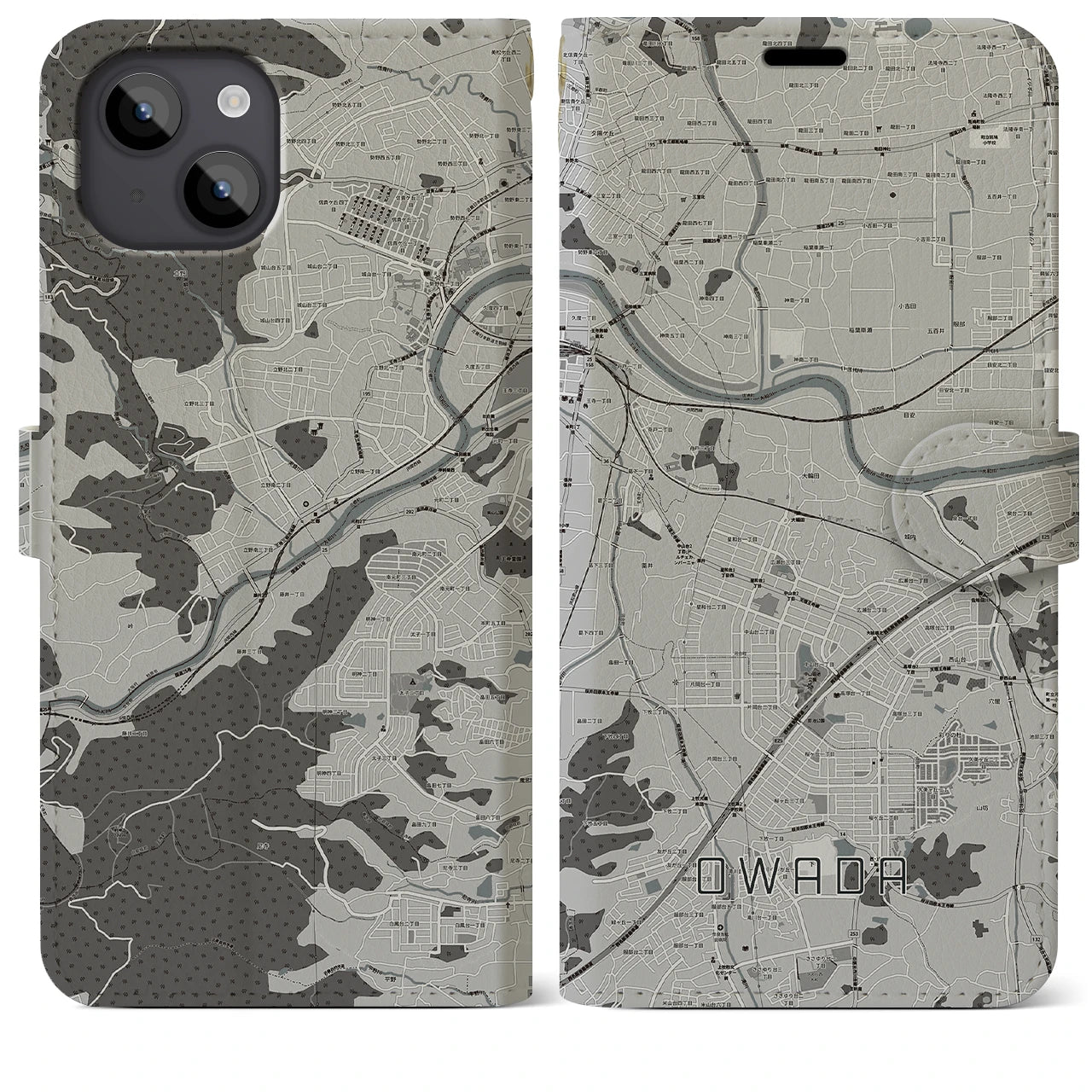 【大輪田(奈良県)】地図柄iPhoneケース(手帳タイプ)モノトーン・iPhone 14 Plus 用