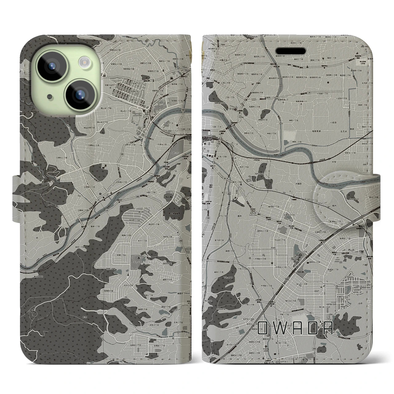 【大輪田(奈良県)】地図柄iPhoneケース(手帳タイプ)モノトーン・iPhone 15 用
