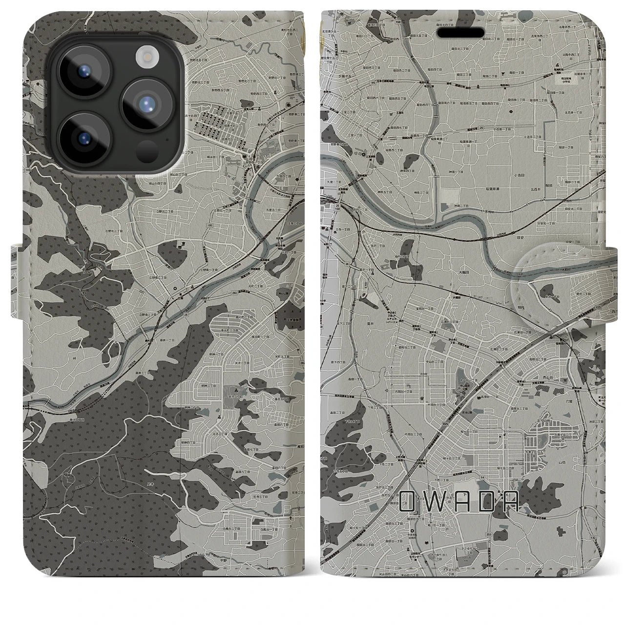【大輪田(奈良県)】地図柄iPhoneケース(手帳タイプ)モノトーン・iPhone 15 Pro Max 用