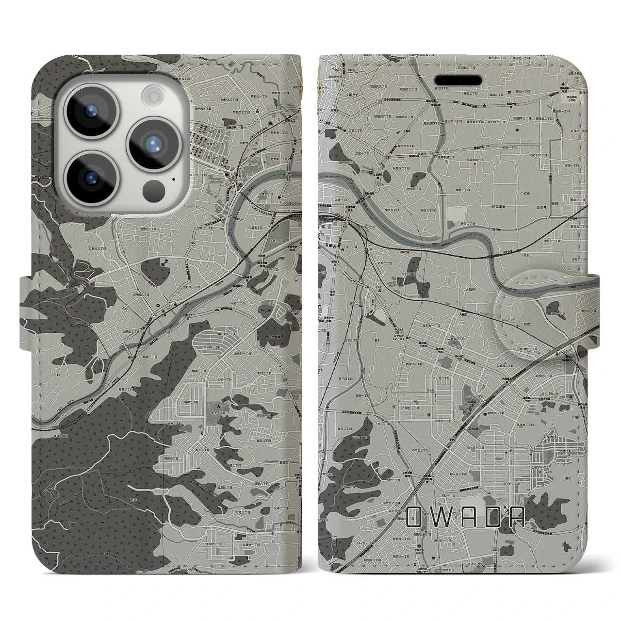 【大輪田(奈良県)】地図柄iPhoneケース(手帳タイプ)モノトーン・iPhone 15 Pro 用