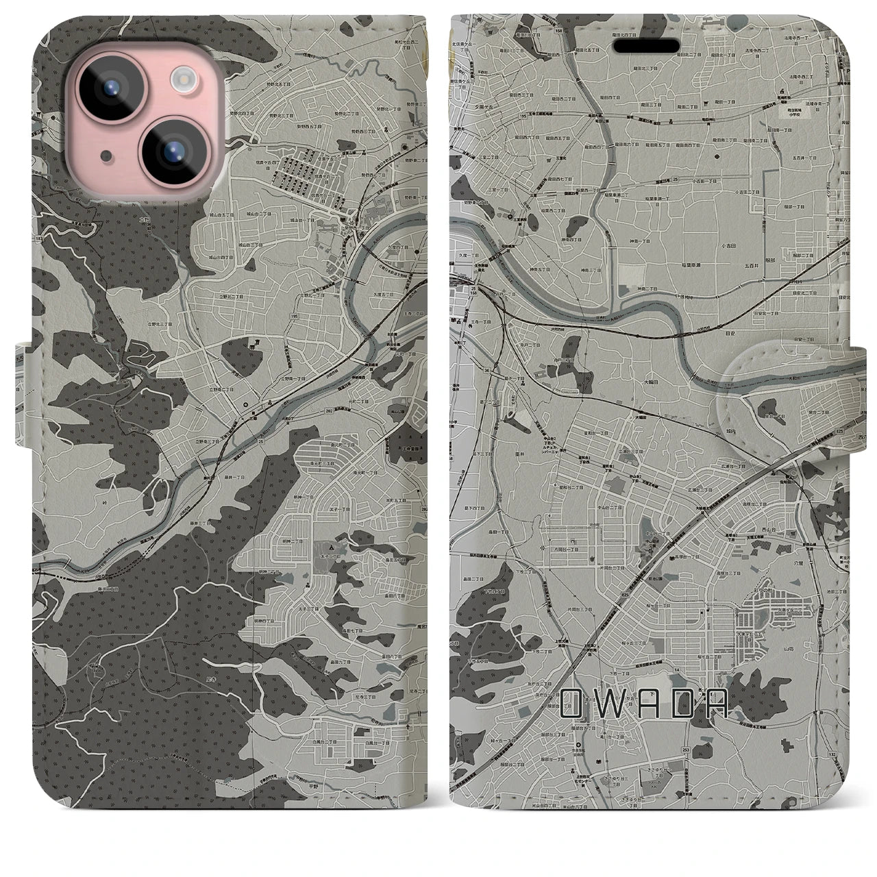 【大輪田(奈良県)】地図柄iPhoneケース(手帳タイプ)モノトーン・iPhone 15 Plus 用