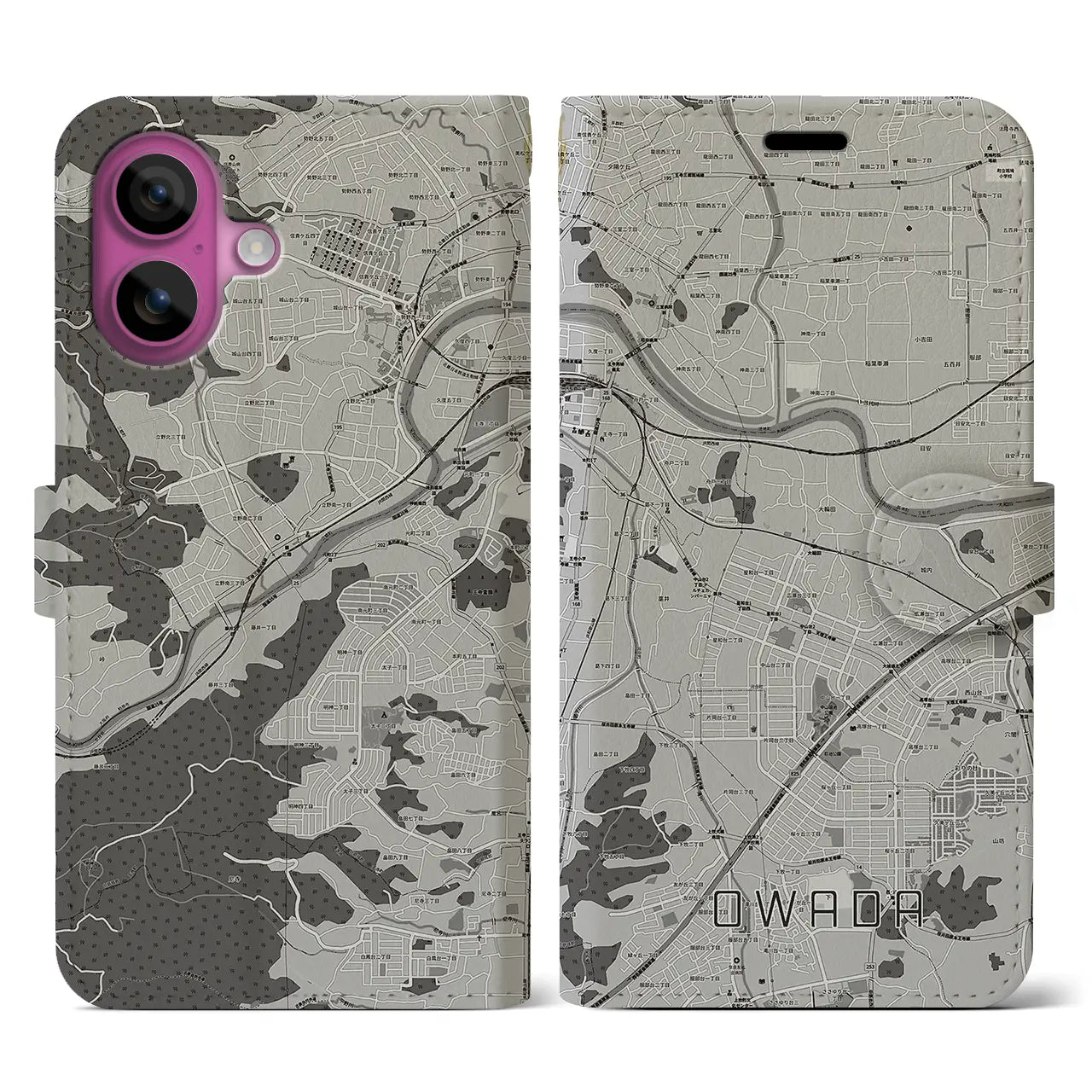 【大輪田(奈良県)】地図柄iPhoneケース(手帳タイプ)モノトーン・iPhone 16 Pro 用