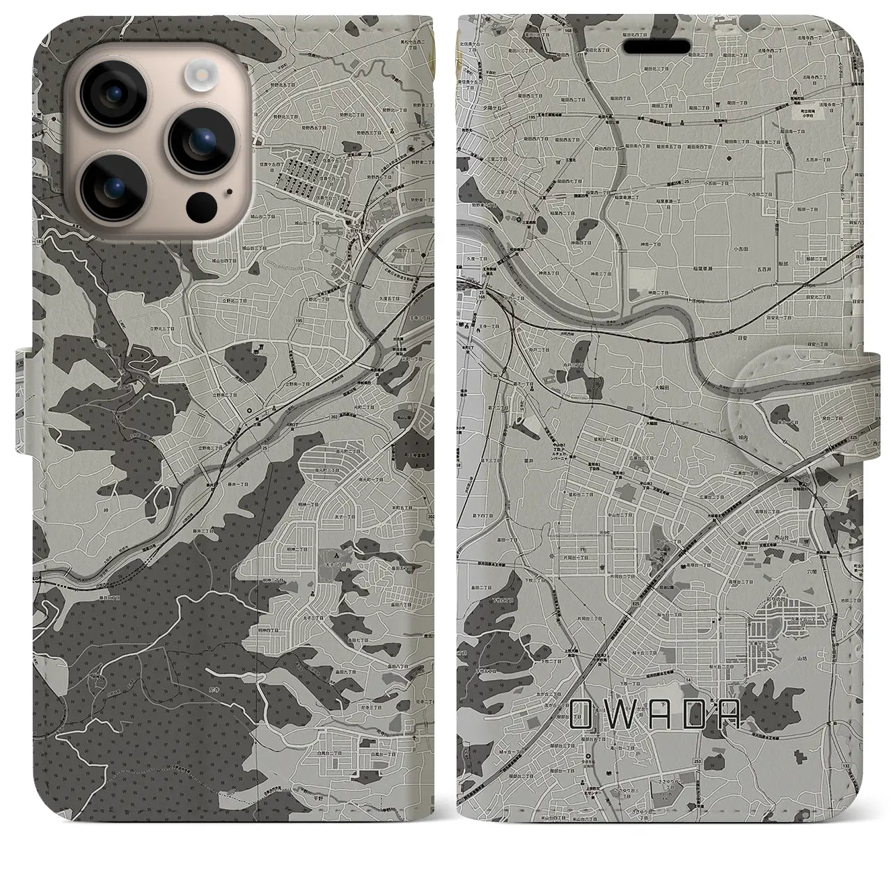 【大輪田(奈良県)】地図柄iPhoneケース(手帳タイプ)モノトーン・iPhone 16 Plus 用