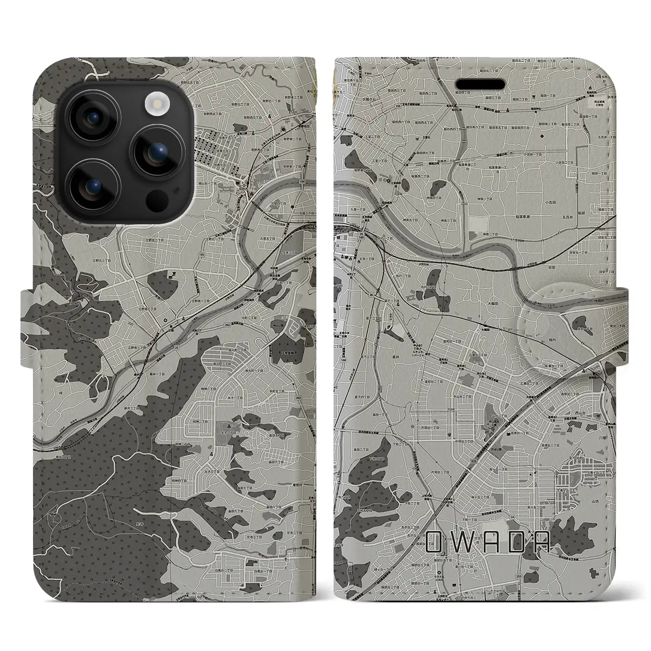 【大輪田(奈良県)】地図柄iPhoneケース(手帳タイプ)モノトーン・iPhone 16 用