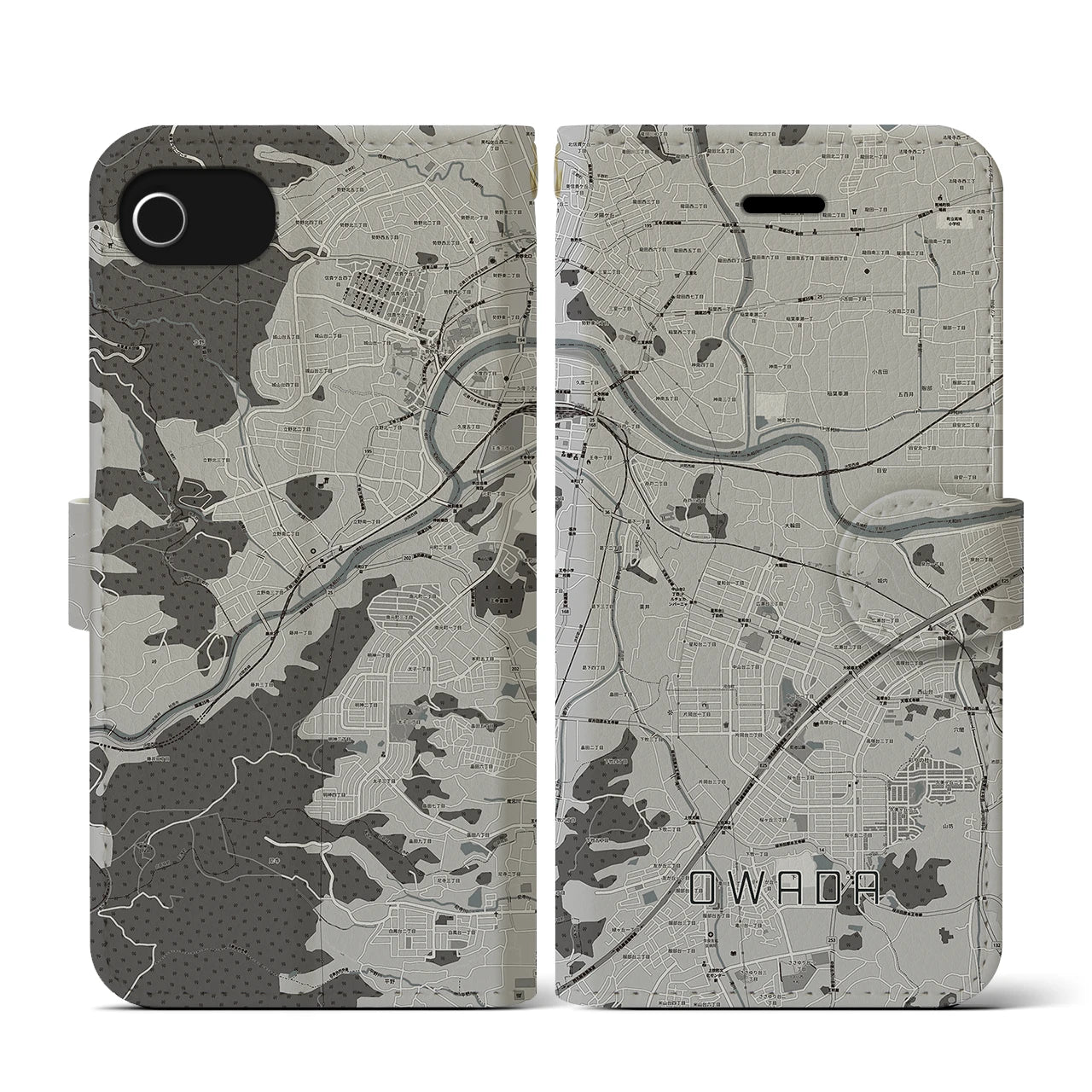 【大輪田(奈良県)】地図柄iPhoneケース(手帳タイプ)モノトーン・iPhone SE(第3 / 第2世代) / 8 / 7 / 6s / 6 用