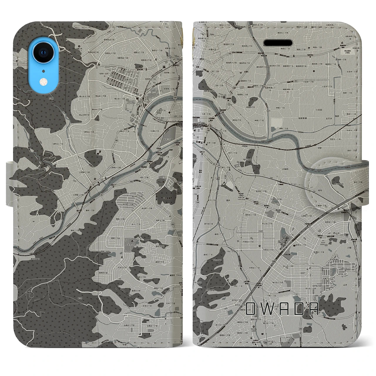 【大輪田(奈良県)】地図柄iPhoneケース(手帳タイプ)モノトーン・iPhone XR 用