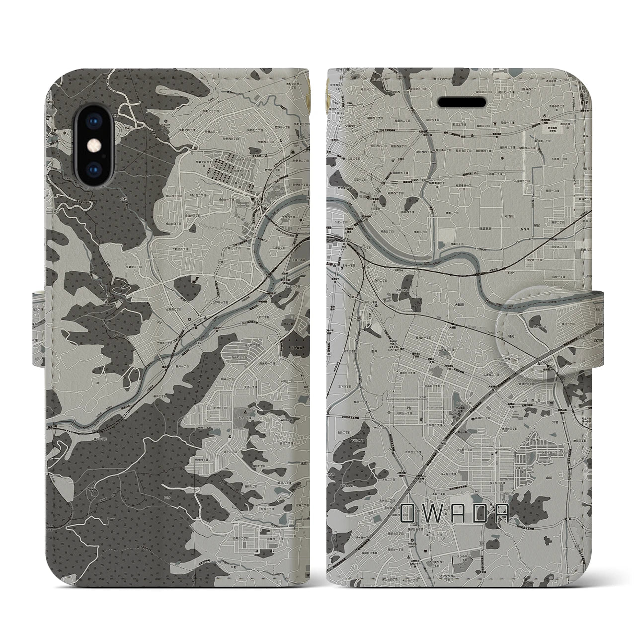 【大輪田(奈良県)】地図柄iPhoneケース(手帳タイプ)モノトーン・iPhone XS / X 用