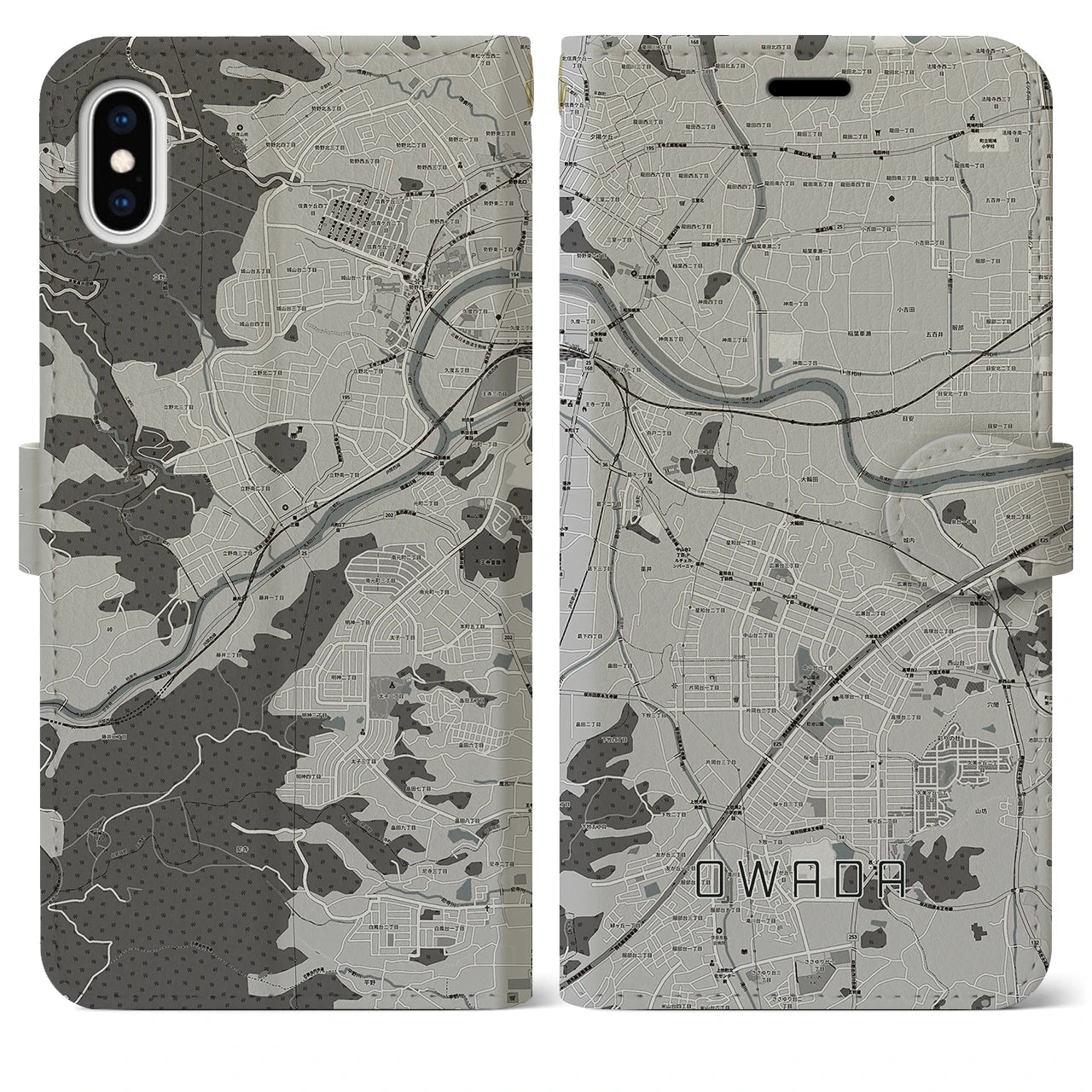 【大輪田(奈良県)】地図柄iPhoneケース(手帳タイプ)モノトーン・iPhone XS Max 用