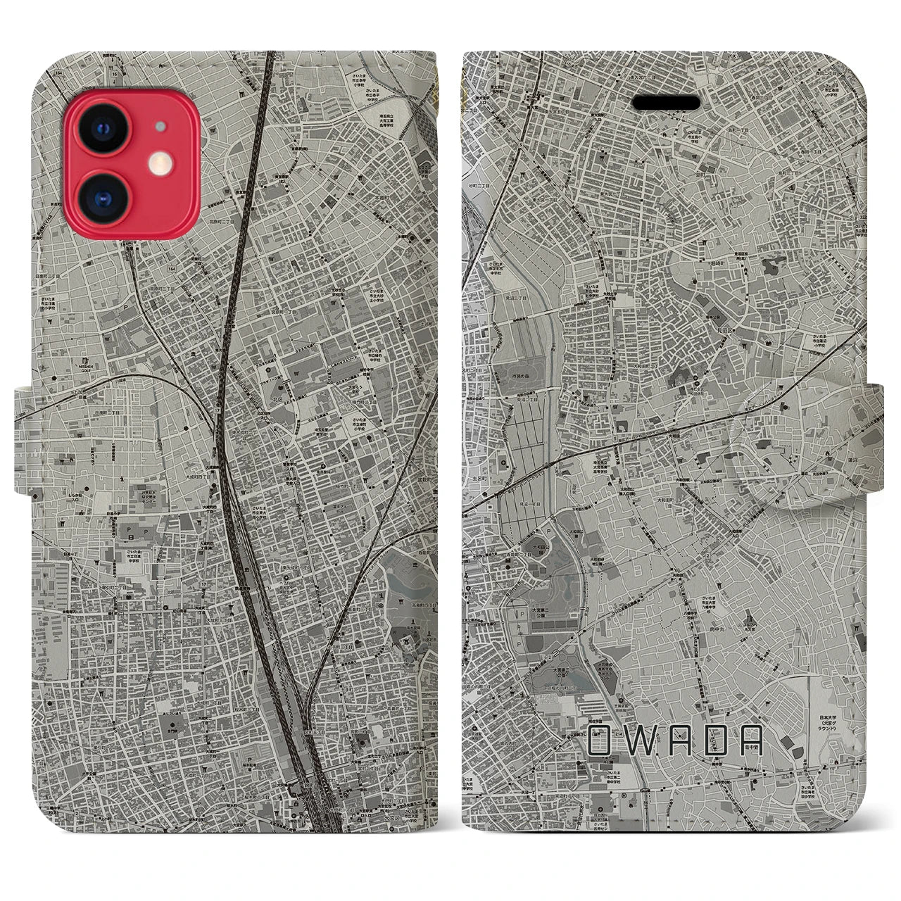 【大和田(埼玉県)】地図柄iPhoneケース(手帳タイプ)モノトーン・iPhone 11 用