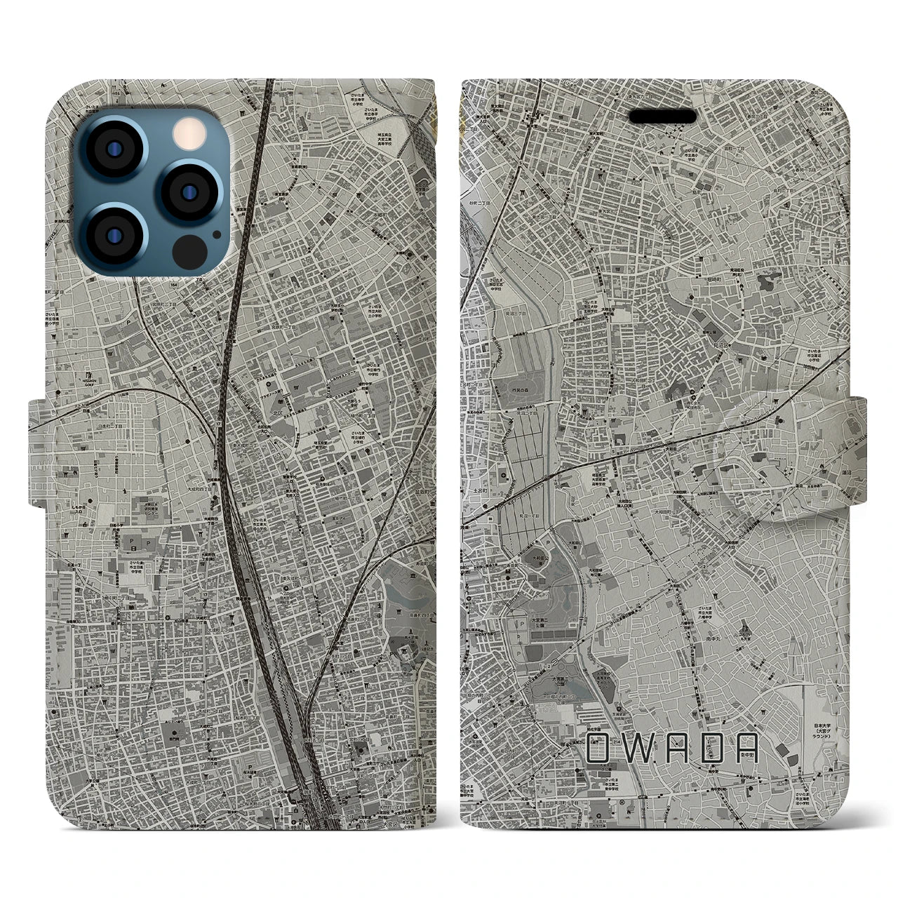 【大和田(埼玉県)】地図柄iPhoneケース(手帳タイプ)モノトーン・iPhone 12 / 12 Pro 用