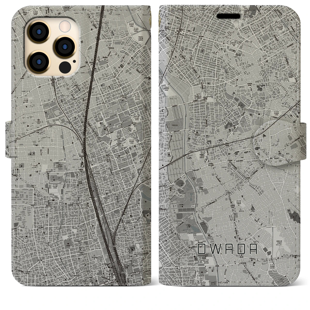【大和田(埼玉県)】地図柄iPhoneケース(手帳タイプ)モノトーン・iPhone 12 Pro Max 用