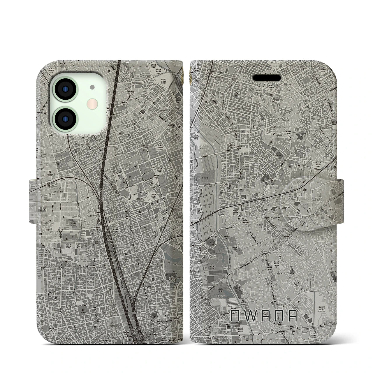 【大和田(埼玉県)】地図柄iPhoneケース(手帳タイプ)モノトーン・iPhone 12 mini 用