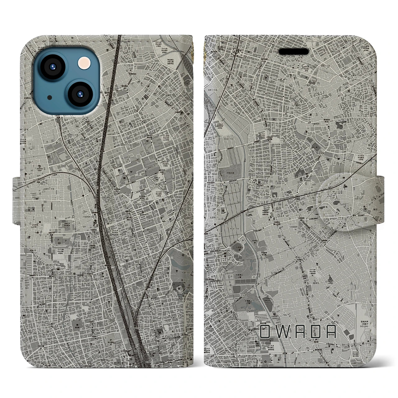 【大和田(埼玉県)】地図柄iPhoneケース(手帳タイプ)モノトーン・iPhone 13 用