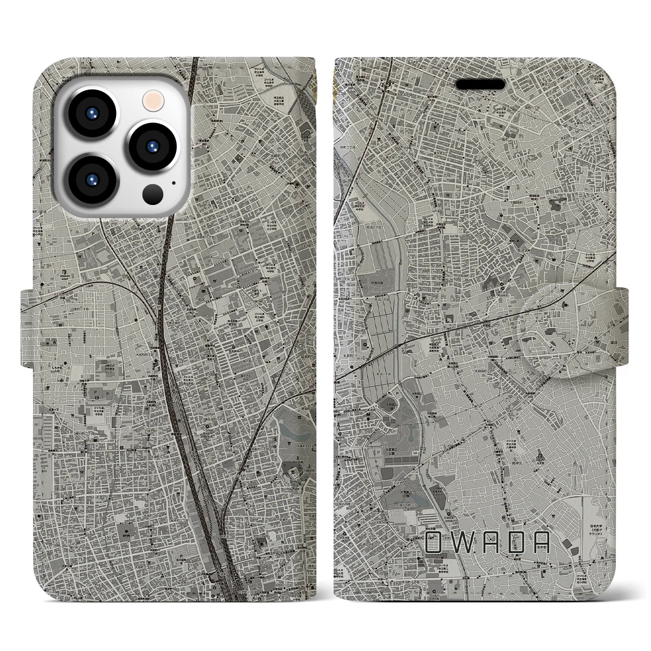 【大和田(埼玉県)】地図柄iPhoneケース(手帳タイプ)モノトーン・iPhone 13 Pro 用