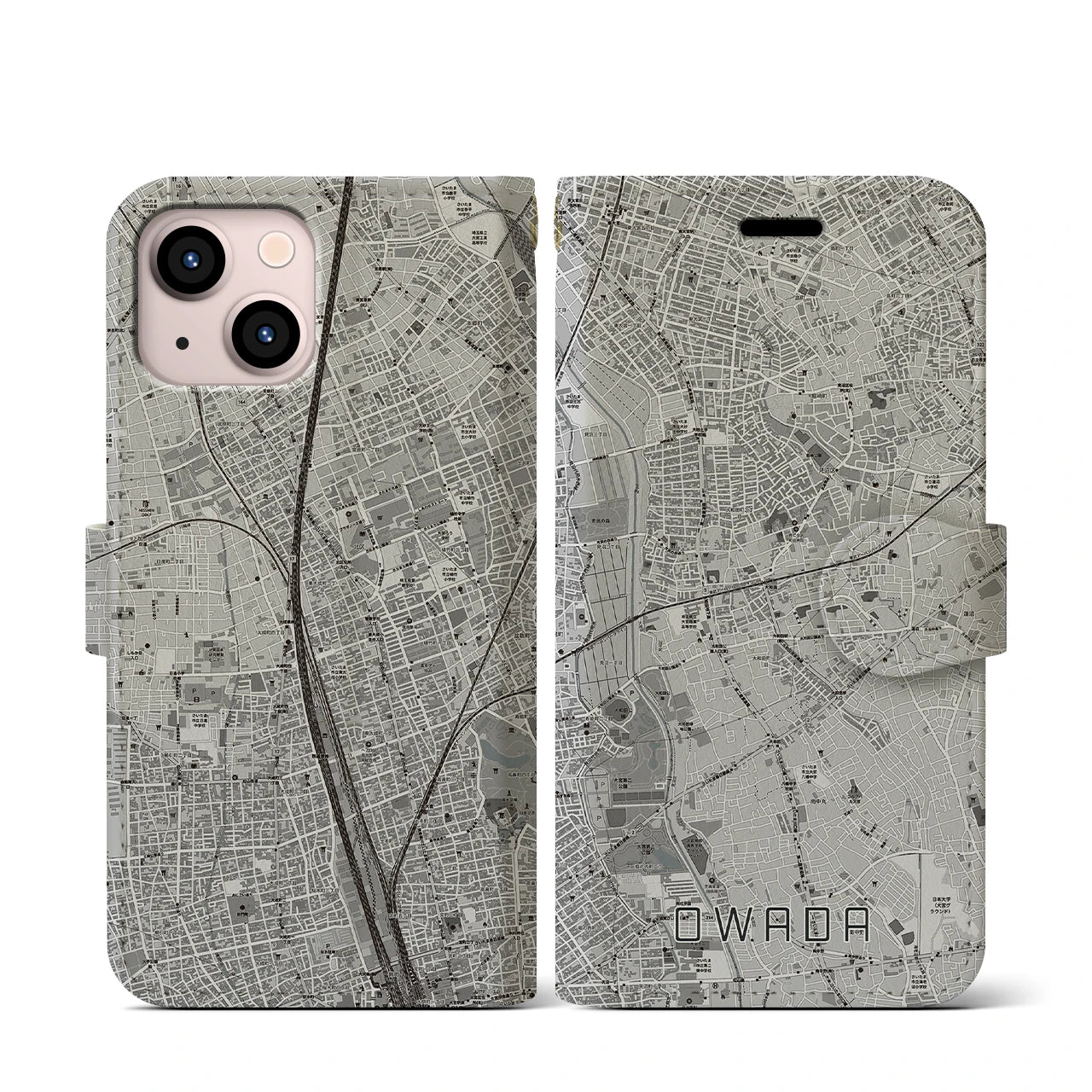 【大和田(埼玉県)】地図柄iPhoneケース(手帳タイプ)モノトーン・iPhone 13 mini 用