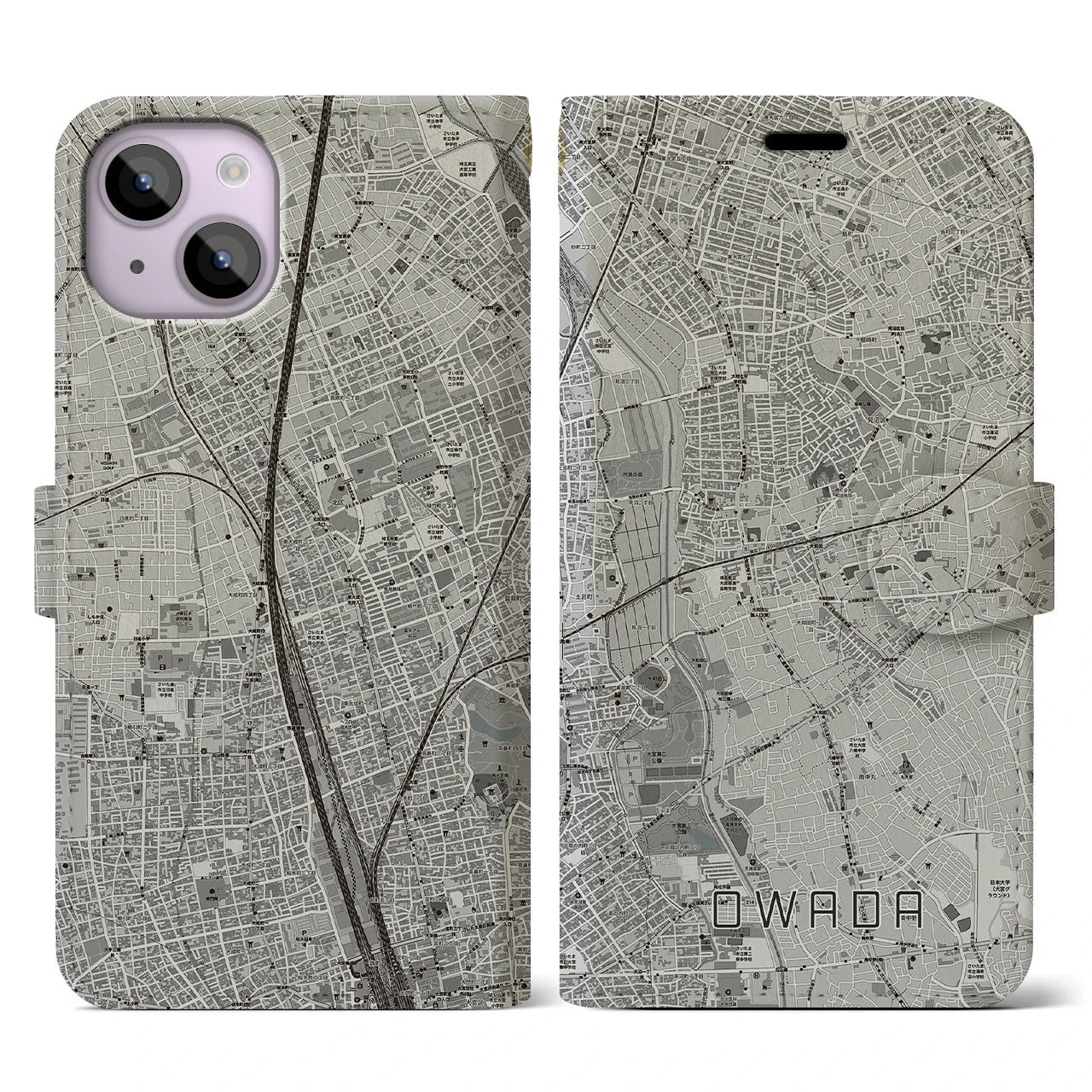 【大和田(埼玉県)】地図柄iPhoneケース(手帳タイプ)モノトーン・iPhone 14 用