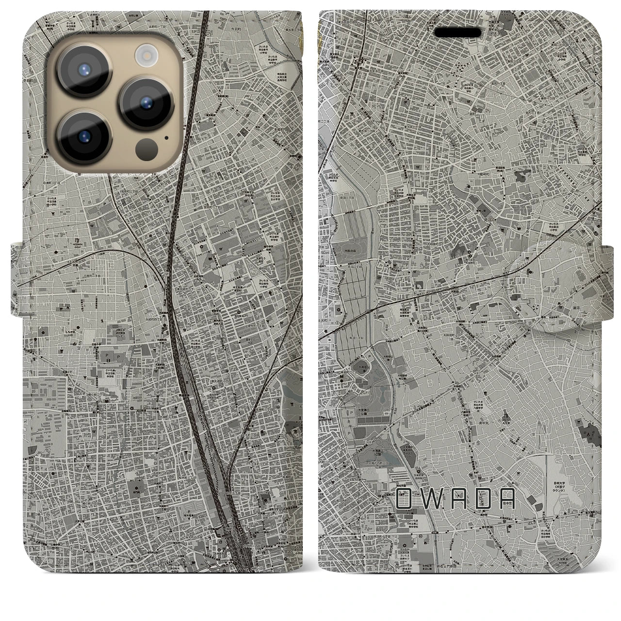 【大和田(埼玉県)】地図柄iPhoneケース(手帳タイプ)モノトーン・iPhone 14 Pro Max 用