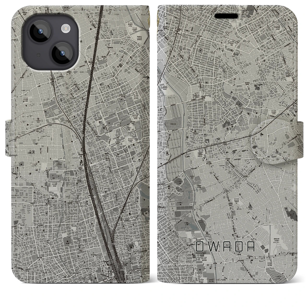 【大和田(埼玉県)】地図柄iPhoneケース(手帳タイプ)モノトーン・iPhone 14 Plus 用
