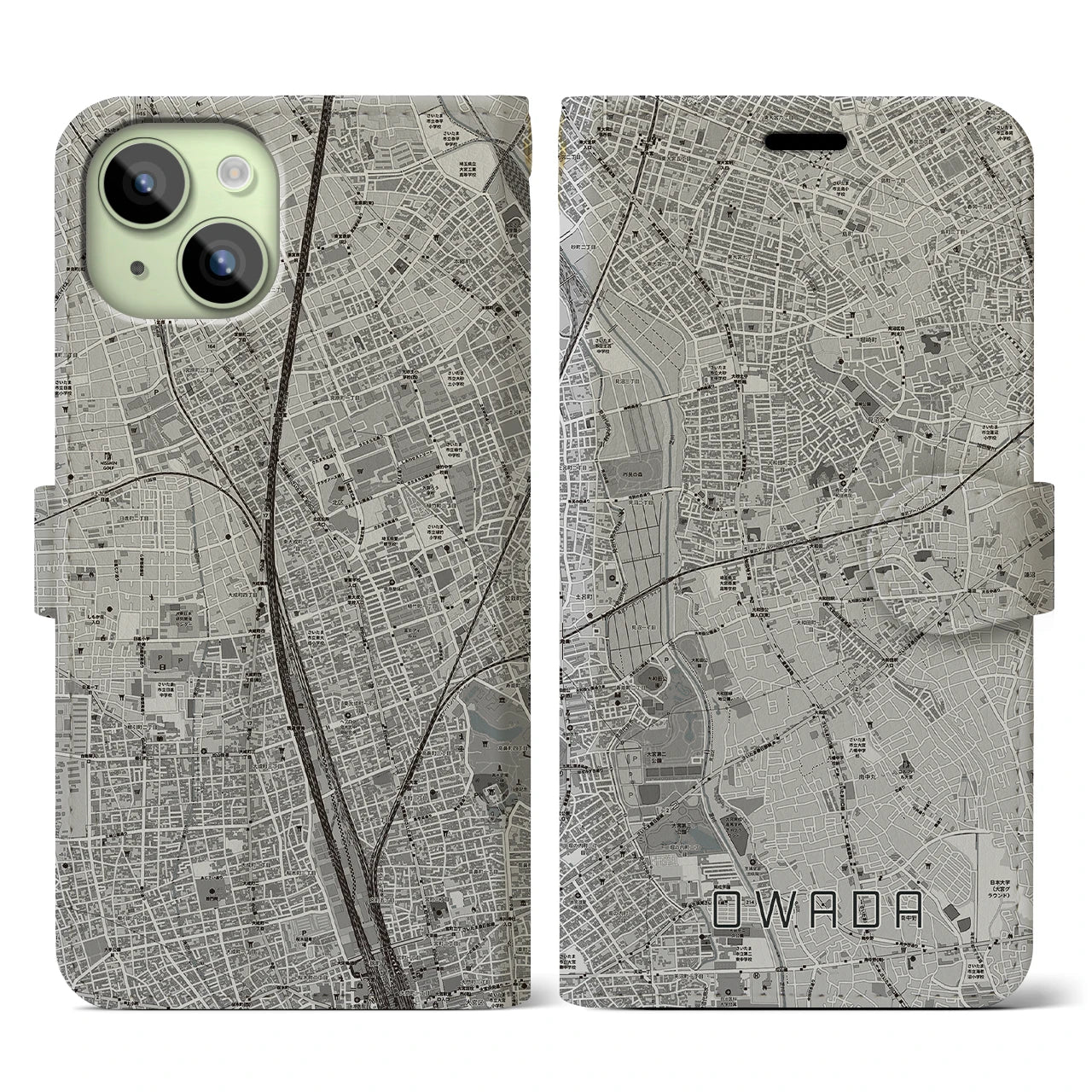 【大和田(埼玉県)】地図柄iPhoneケース(手帳タイプ)モノトーン・iPhone 15 用