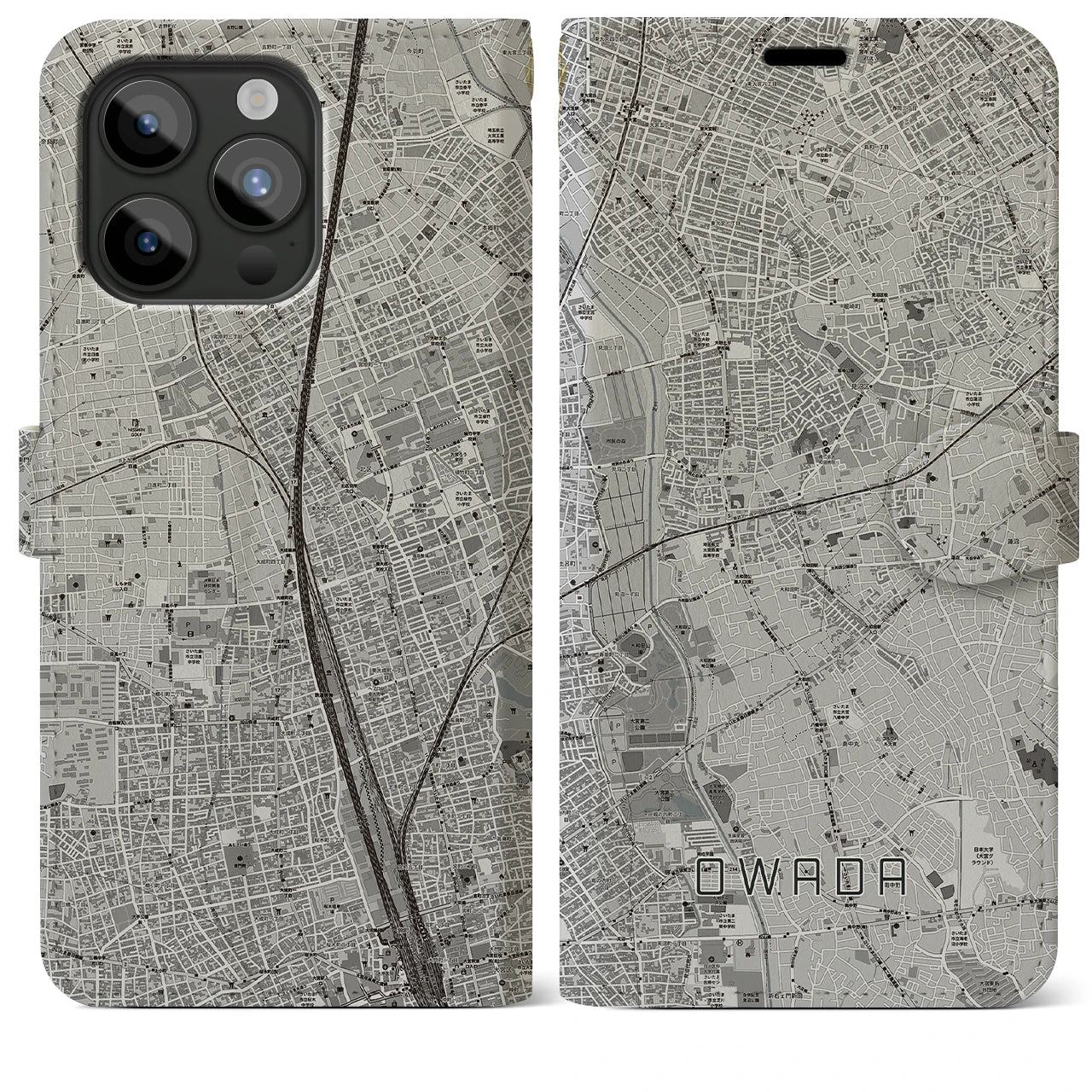 【大和田(埼玉県)】地図柄iPhoneケース(手帳タイプ)モノトーン・iPhone 15 Pro Max 用