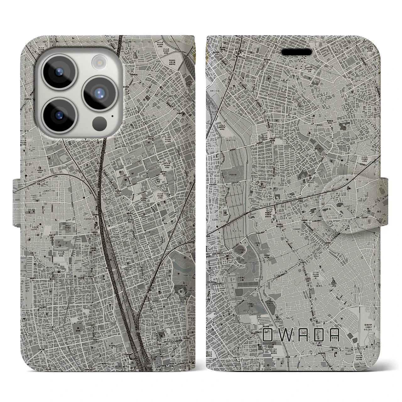 【大和田(埼玉県)】地図柄iPhoneケース(手帳タイプ)モノトーン・iPhone 15 Pro 用